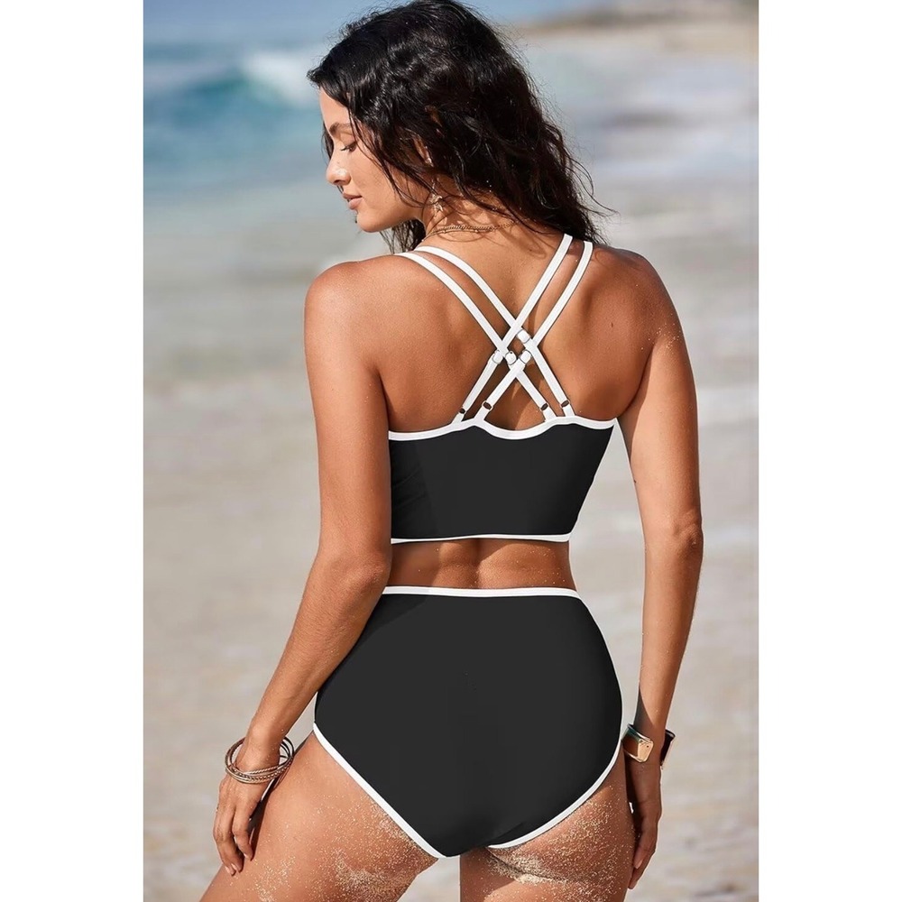 Dokotoo Womens Black White Contrast Trim High Waisted Bikini Set NWT - Picture 2 of 6